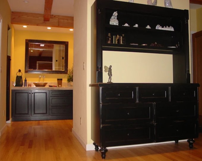 Black Custom Vanity With Vessel Sink And Matching Built-In Hutch, Bathroom Remodeling In Monterey, Ca | Cypress Cabinets Black Custom Vanity With Vessel Sink And Matching Built-In Hutch, Bathroom Remodeling In Monterey, Ca