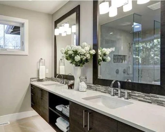 Double Vanity With Dark Wood Cabinets And White Quartz Countertop, Bathroom Remodeling In Monterey, Ca