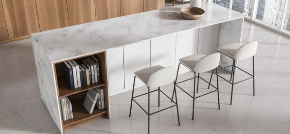 Unique Kitchen Islands - Image Of A Marble Island With A Bookshelf And Chairs.